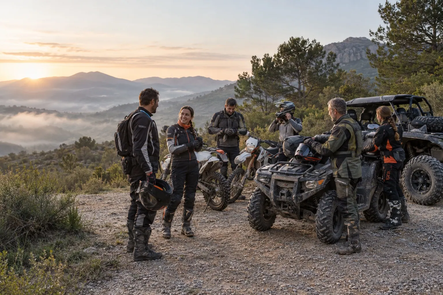 Grupo de riders con motos, quad y buggy reunido en el punto de encuentro antes de iniciar una ruta